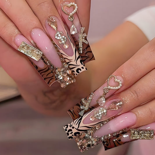 Glamorous Jungle Long Square Pink and Brown Press On Nail Set with Stunning Jewel Accents
