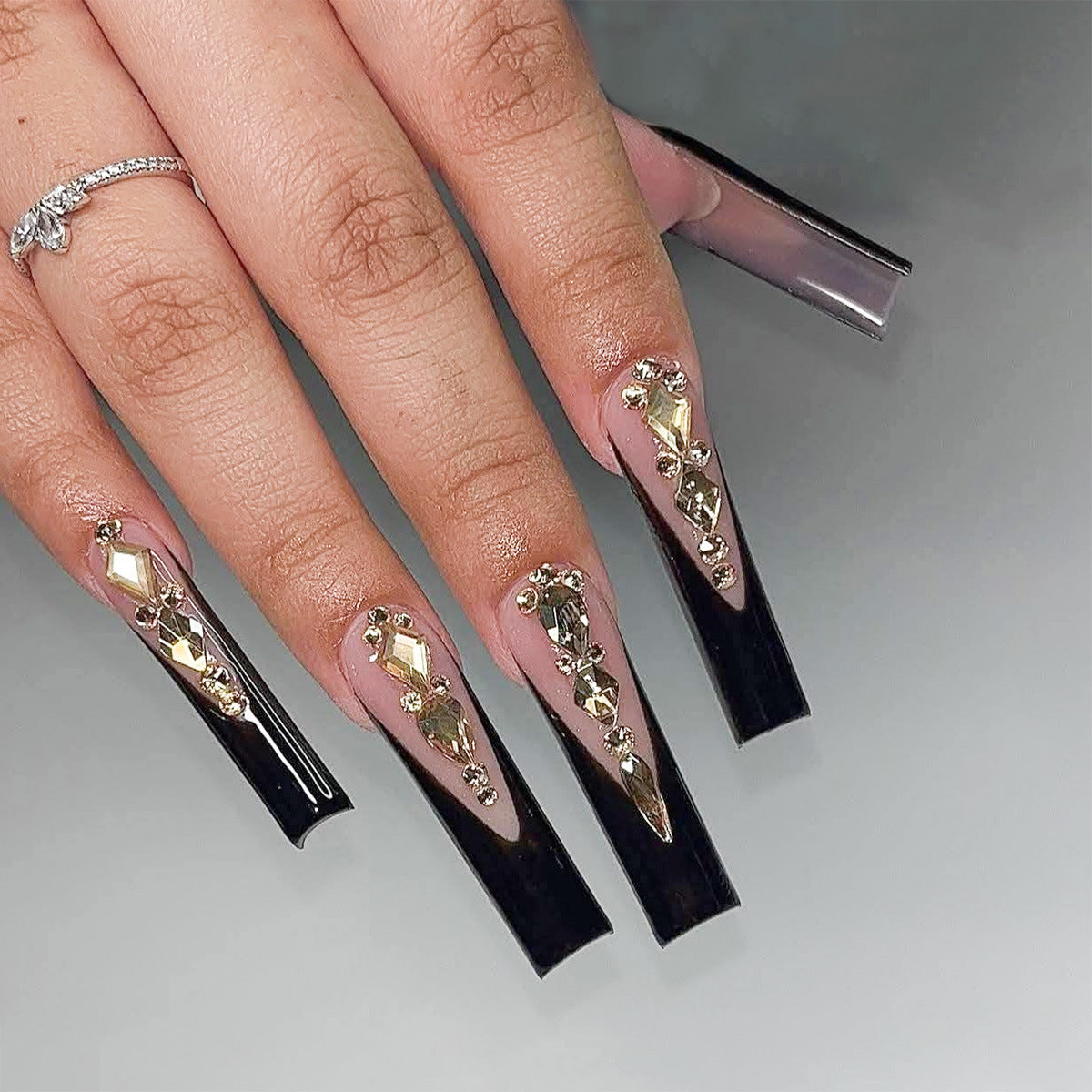 Glamorous Elegance Long Square Black Press On Nail Set with Stunning Rhinestone Accents