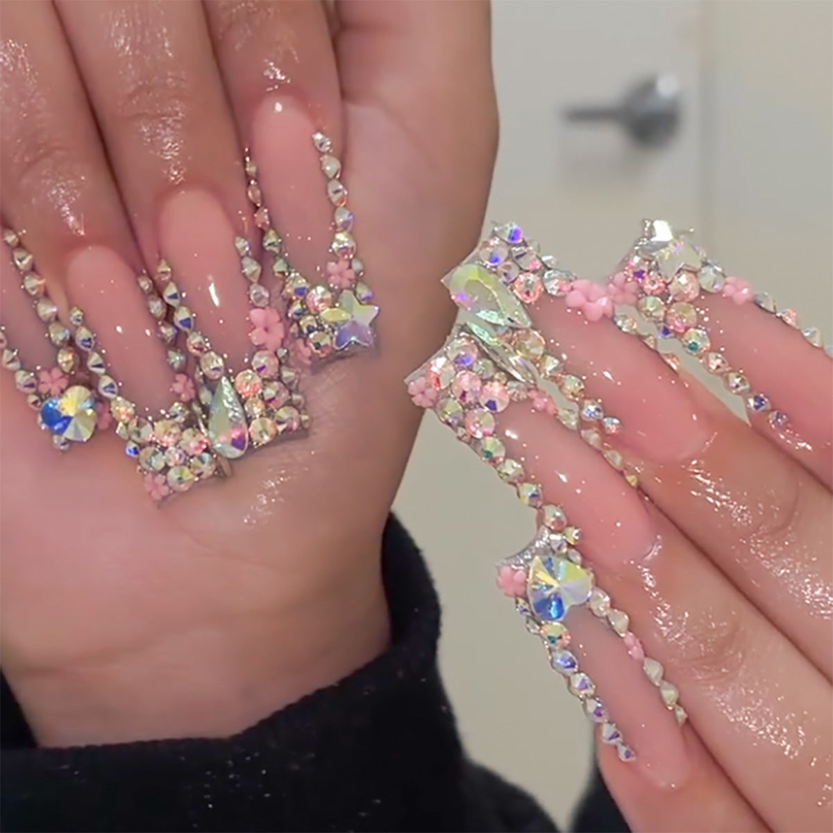 Fairy Blossom Lengthy Long Square Pink Iridescent Nail Set with Glittering Floral Accents