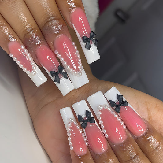 Charming Elegance Long Square Pink and White Press-On Nail Set with Pearl and Bow Embellishments