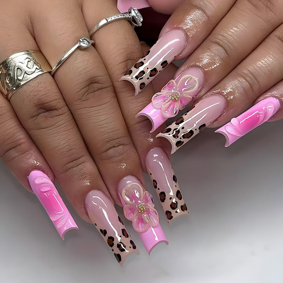 Wildflower Dream Pink Long Square Nail Set with Leopard Print Accent and Floral Detailing