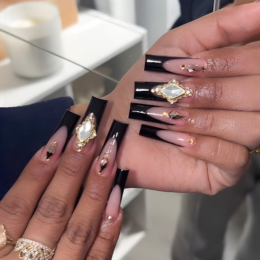 Glamorous Chic Long Square Black Ombre Nail Set with Unique Gemstone Accents