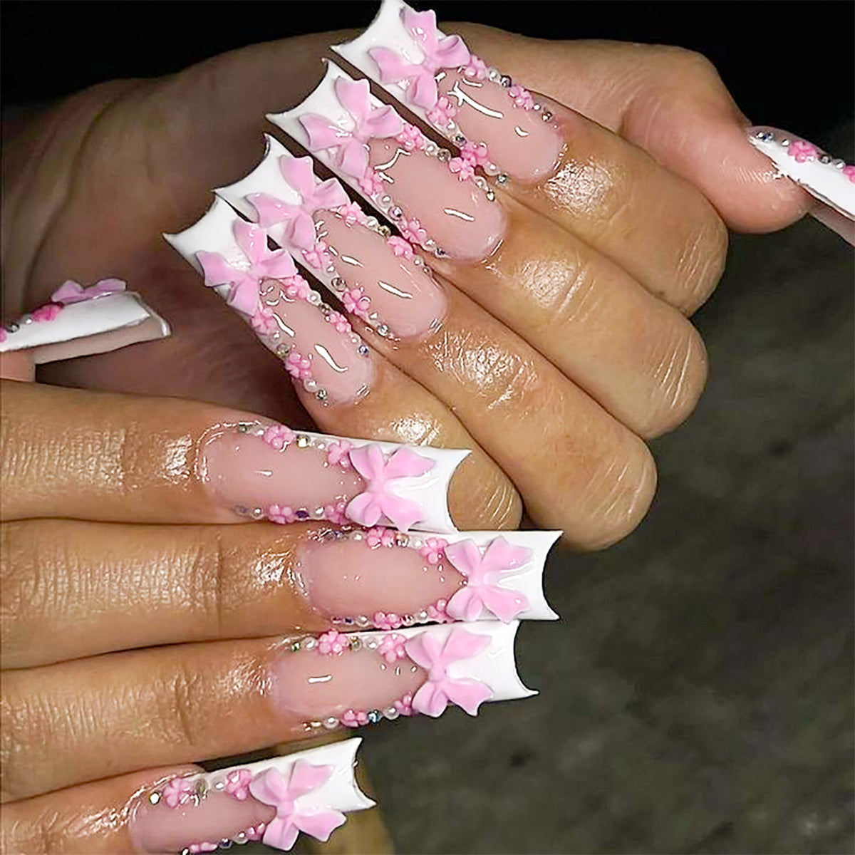 Whimsical Elegance Long Square Pink and White Press On Nail Set with Charming Floral Accents