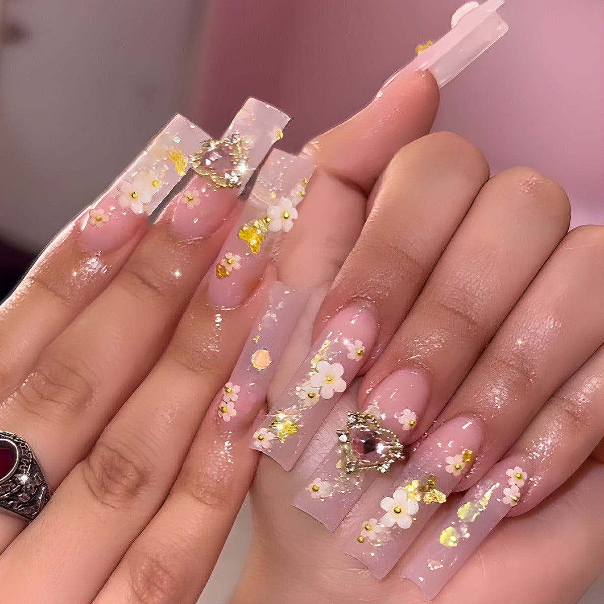 Enchanted Floral Dreams Long Square Clear Press On Nail Set with Gold Floral Accents and Gemstone Details