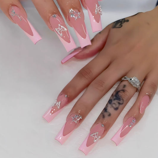 Whimsical Elegance Long Square Pink Nail Set with Charming Glitter Accent