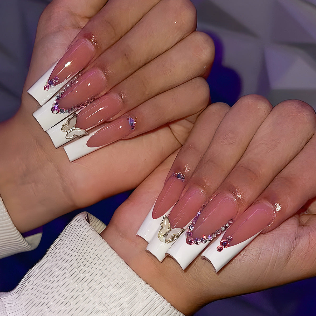 Butterfly Dreams Long Square Pink and White Press On Nail Set with Iridescent Gem Accents