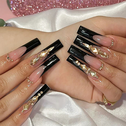 Glamorous Elegance Long Square Black with Shimmering Gemstone Accents Press On Nail Set