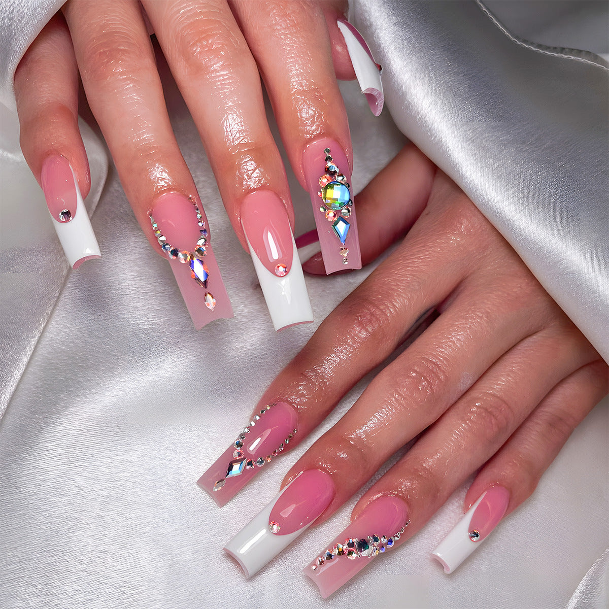 Glamorous Elegance Long Coffin Pink and White Press-On Nail Set with Stunning Rhinestone Accents
