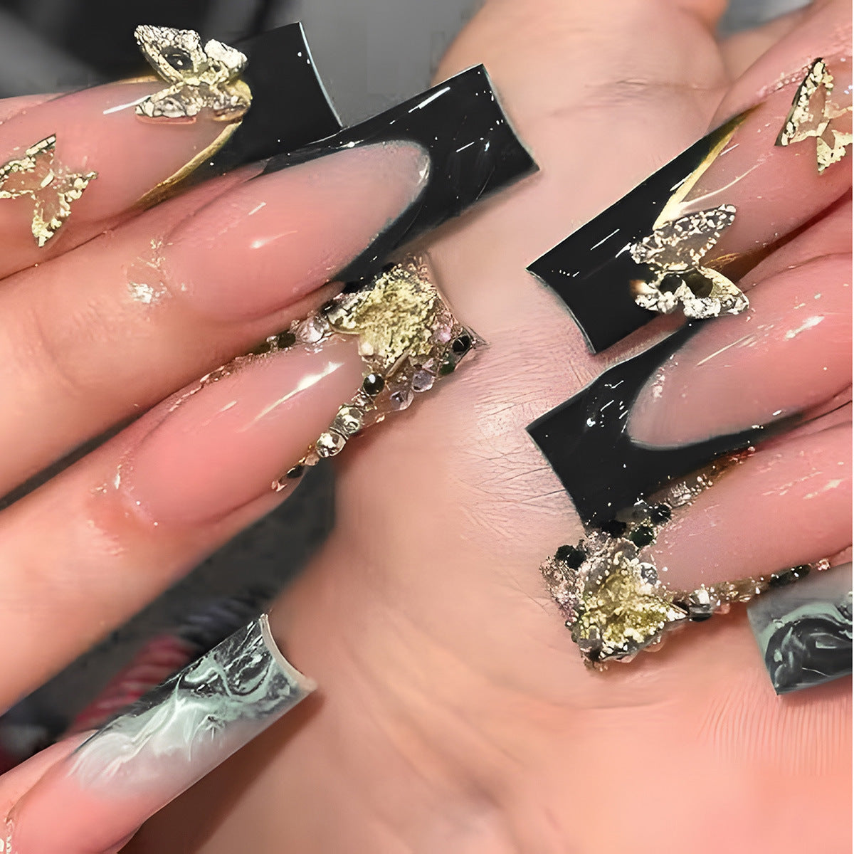 Glamorous Butterfly Dream Long Square Black Nails with Crystal Embellishments