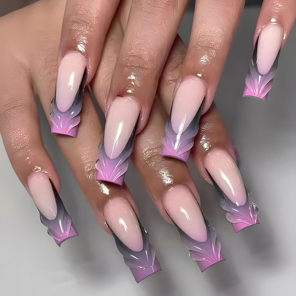 Enchanting Orchid Long Square Pink and Grey Ombre with Elegant Leaf Design Press On Nail Set