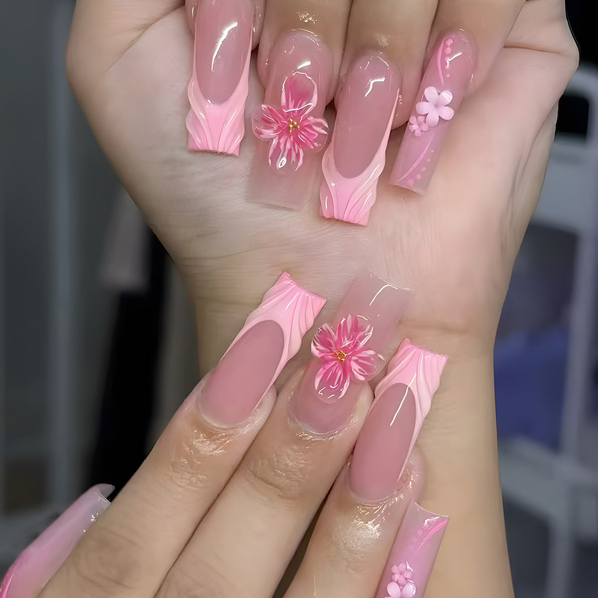 Blossoming Charm Long Square Pink Floral Press On Nail Set with Intricate Design