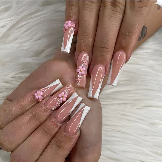 Floral Fantasy Long Square Pink and White Press On Nail Set with Charming Details
