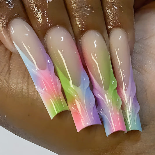 Rainbow Dream Press On Nails Long Square Multicolored Drip Design