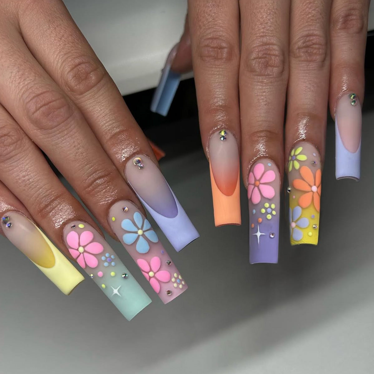 Bohemian Chic Extra Long Square Pastel Floral Design with Sparkling Accents Press On Nail Set