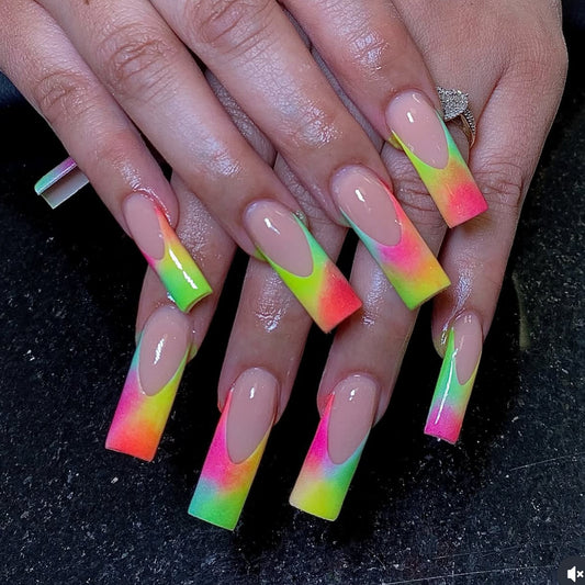 Tropical Vibes Long Square Ombre Neon Gradient Press On Nail Set for an Eye-Catching Summer Look