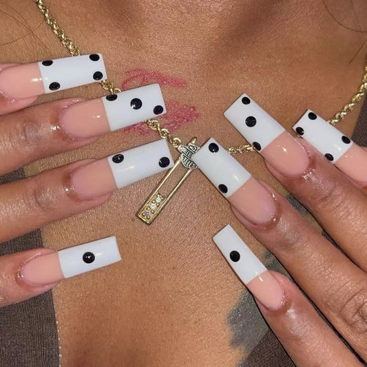 Chic Polka Dot Dream Long Square White and Pink with Dazzling Black Dots Press On Nail Set