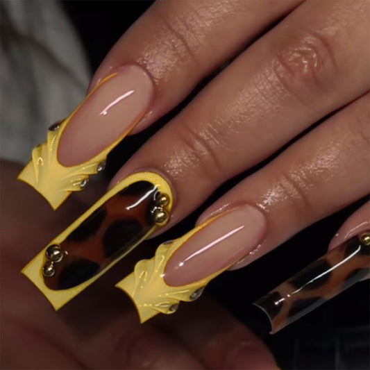 Wild Safari Elegance Long Square Yellow and Black with Gold Accents Press on Nail Set