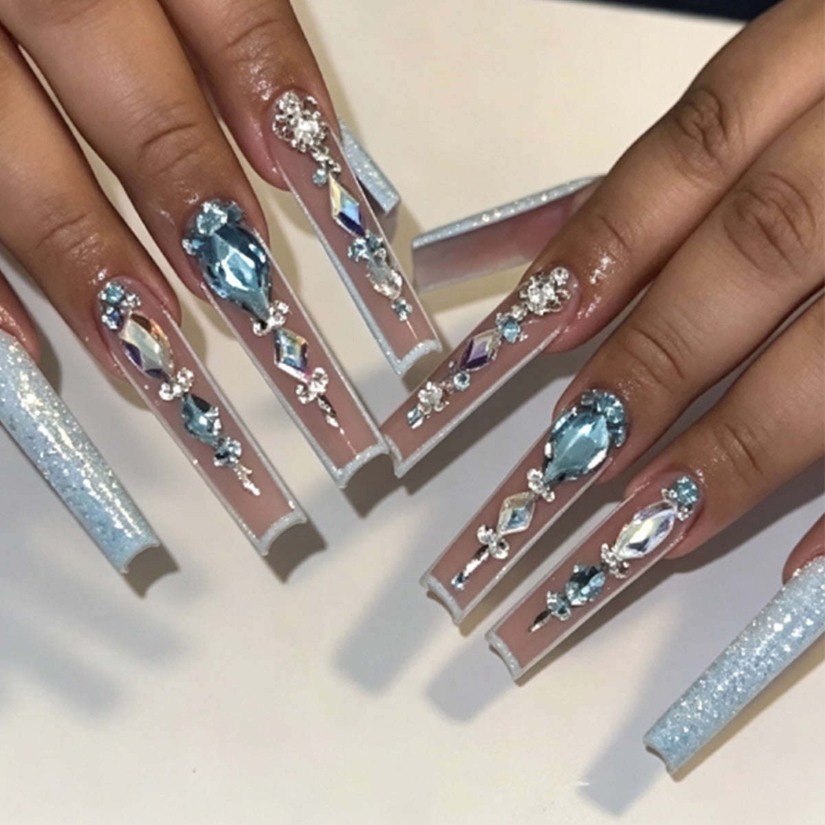 Serene Sparkle Long Square Blue Rhinestone Press On Nail Set