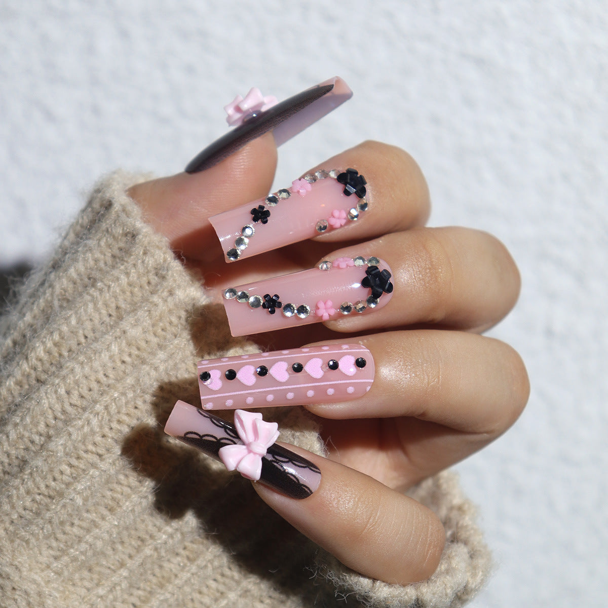 Charming Floral Fantasy Long Square Pink Press On Nail Set with Adorable Bow Accents and Sparkling Gem Details