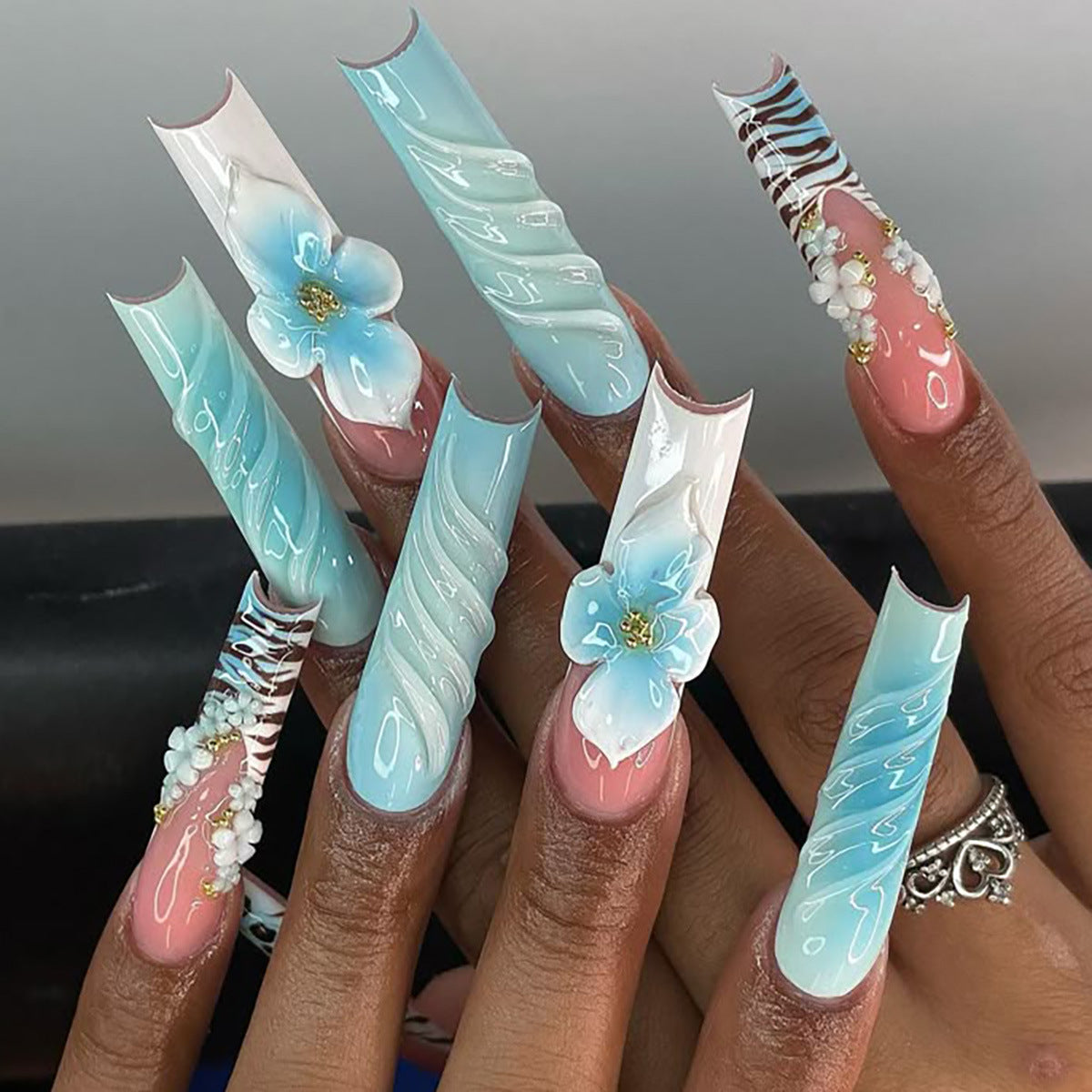 Ocean Breeze Long Square Blue and White Press On Nail Set with Floral Accents