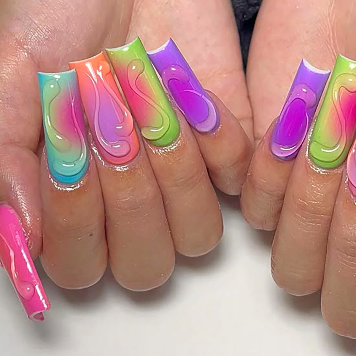 Rainbow Dreamy Press on Nails Long Square Colorful Swirl Design with Glossy Finish