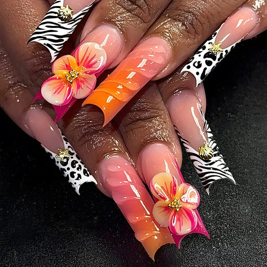 Tropical Paradise Long Square Pink Orange Ombre with Floral and Animal Print Accents Press-On Nail Set