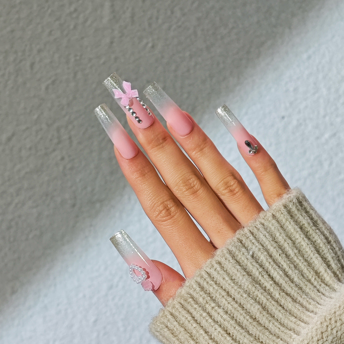 Charming Elegance Long Square Ombre Pink and Silver Press On Nail Set with Bow and Gemstone Accents