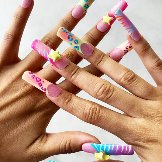 Whimsical Wonderland Long Square Multicolored Trendy Designs Press On Nail Set