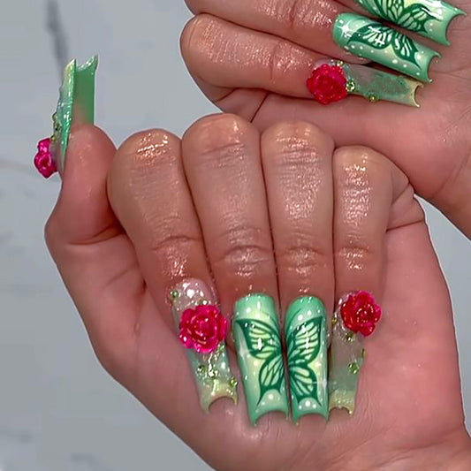Whimsical Garden Long Square Green Press-On Nail Set with Butterfly Art and Floral Accents