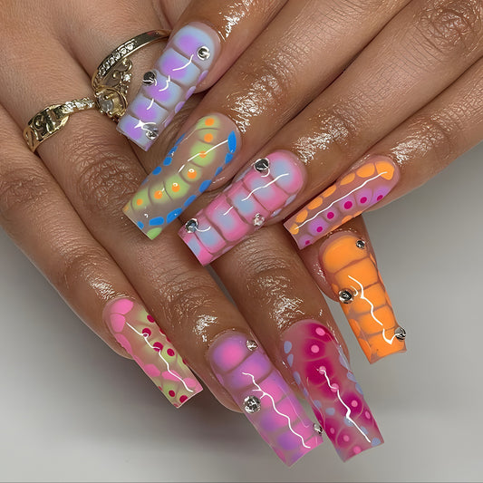 Whimsical Rainbow Long Square Shaped Colorful Gradient with Gem Accents Press On Nail Set