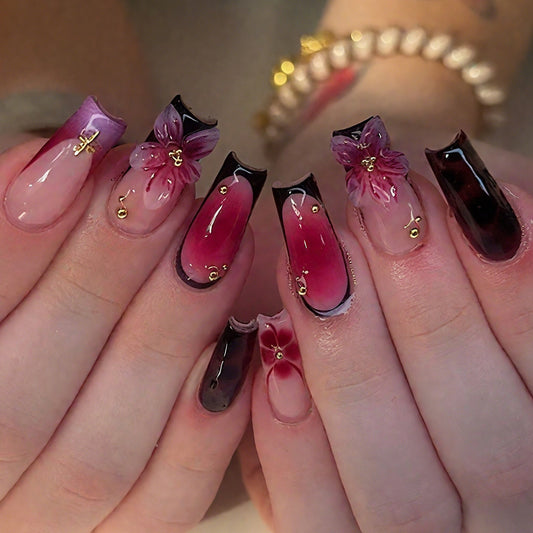 Mystical Garden Long Square Purple and Red Ombre Floral Press-On Nail Set with Gold Accents