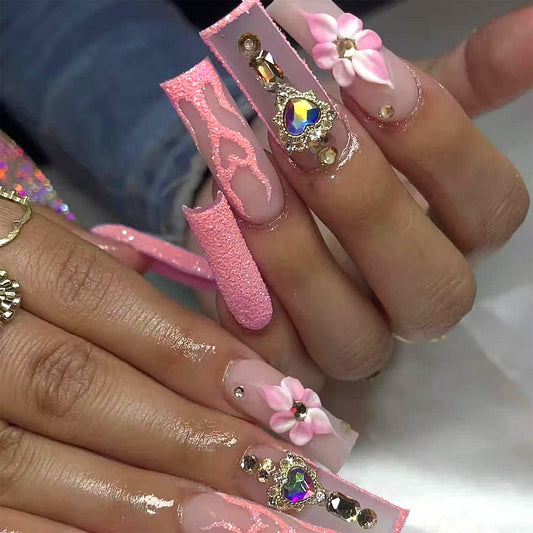 Dreamy Elegance Long Square Pink Press On Nail Set with Floral and Gemstone Accents