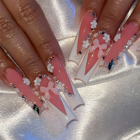 Whimsical Garden Long Square Pink and White Glamorous Press On Nail Set with Floral and Bow Embellishments