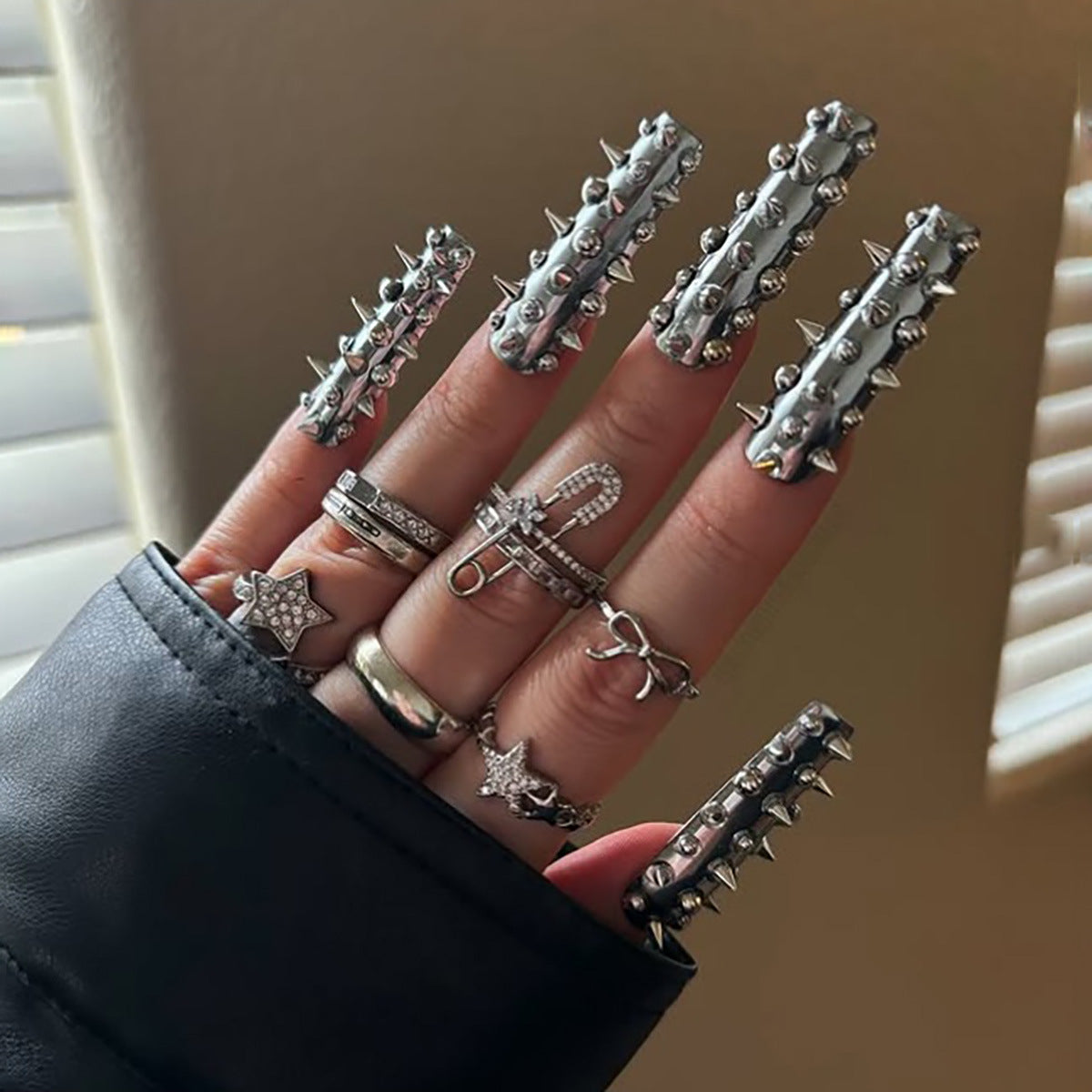 Glam Rock Long Square Silver Nail Set with Edgy Spikes