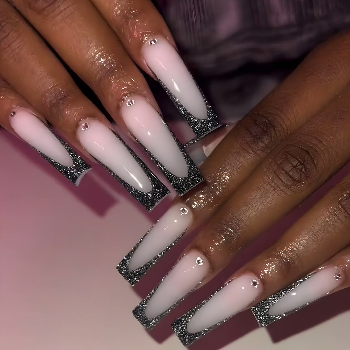 Glamorous Elegance Long Square Pink with Sparkling Glitter Tips and Dazzling Accent Gems Press on Nail Set