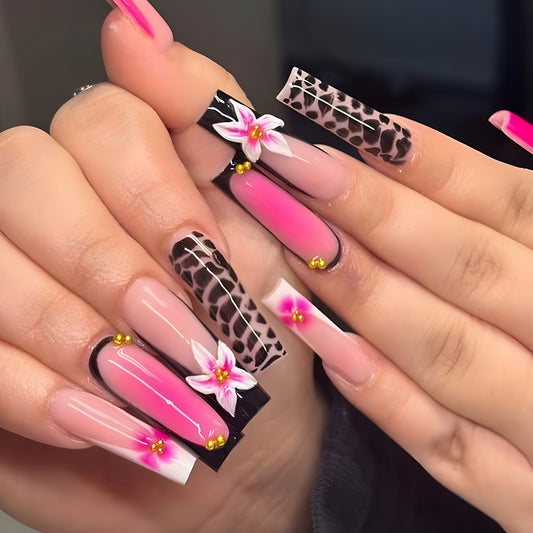 Tropical Paradise Long Square Ombre Pink with Floral Accents and Exotic Animal Print Press on Nail Set