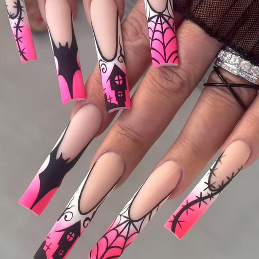 Hauntingly Chic Long Square Pink and Black Ombre Press On Nail Set with Intricate Halloween Designs