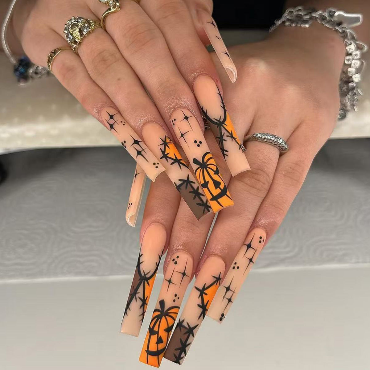 Tropical Vibes Long Square Peach Nails with Stunning Palm Tree Design