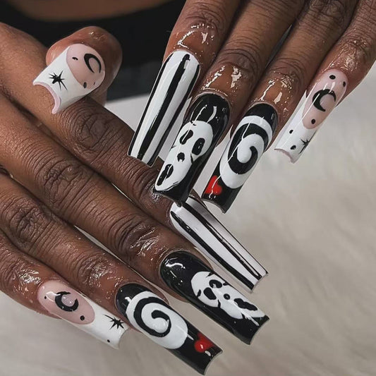 Mystical Monochrome Long Square Black and White Press-On Nail Set Featuring Whimsical Art Designs
