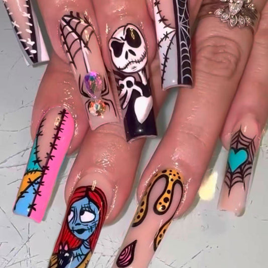 Spooky Elegance Extra Long Square Purple and Pink with Unique Themed Illustrations Press on Nail Set