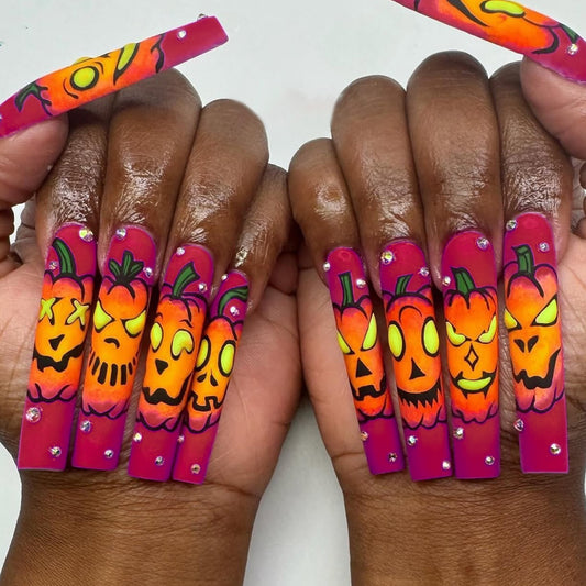 Spooky Vibes Long Square Hot Pink Acrylic Nails with Halloween Pumpkin Art and Gem Accents