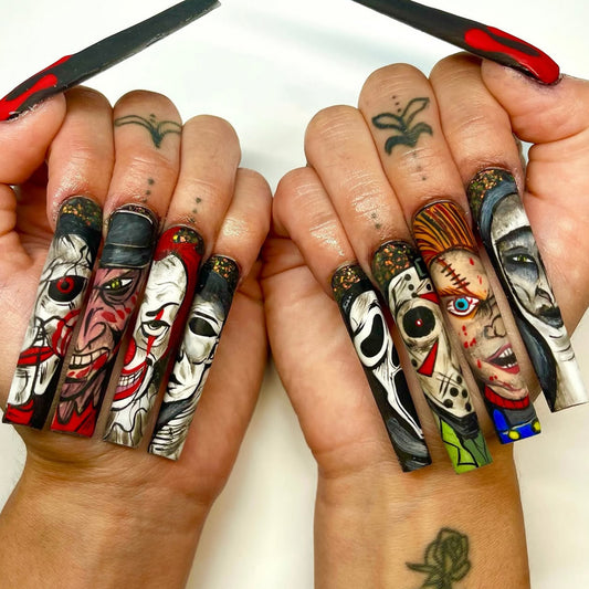 Spooky Horror Themed Extra Long Square Press On Nail Set in Multi-Colored with Unique Character Art Design