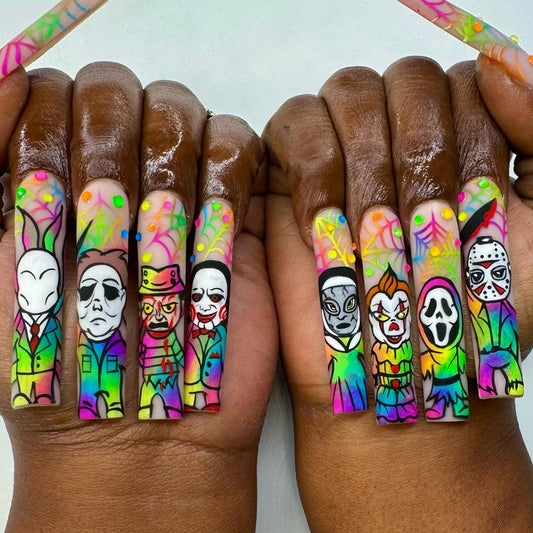 Spooky Vibes Long Square Colorful Press-On Nail Set with Unique Character Art