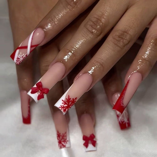 Festive Flair Extra Long Square Red and White Holiday Character Designs Press on Nail Set