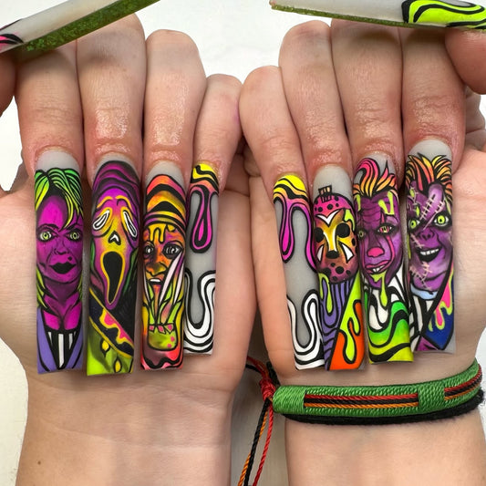 Spooky Chic Long Square Neon Press-On Nail Set with Unique Horror Art Designs
