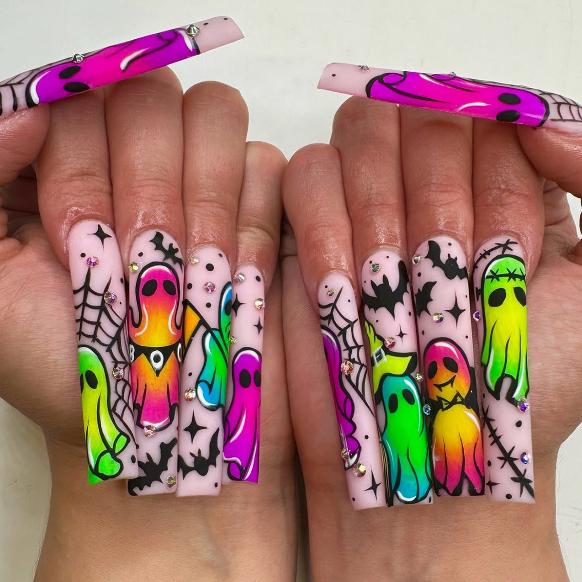 Spooky Vibes Long Square Neon Ghost Press On Nail Set with Glittering Details