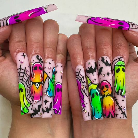 Spooky Vibes Long Square Neon Ghost Press On Nail Set with Glittering Details