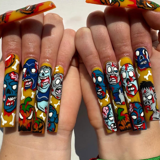 Spooky Halloween Long Square Orange Press On Nail Set with Bold Zombie Art Feature