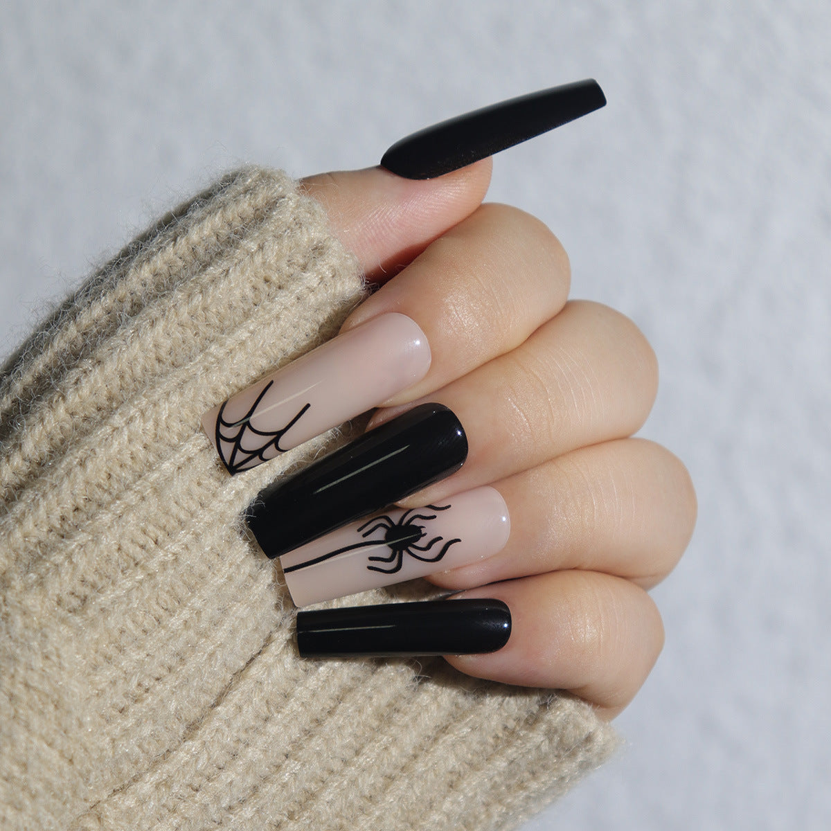 Spooky Glam Long Square Black and Beige with Spider and Web Design Press On Nail Set