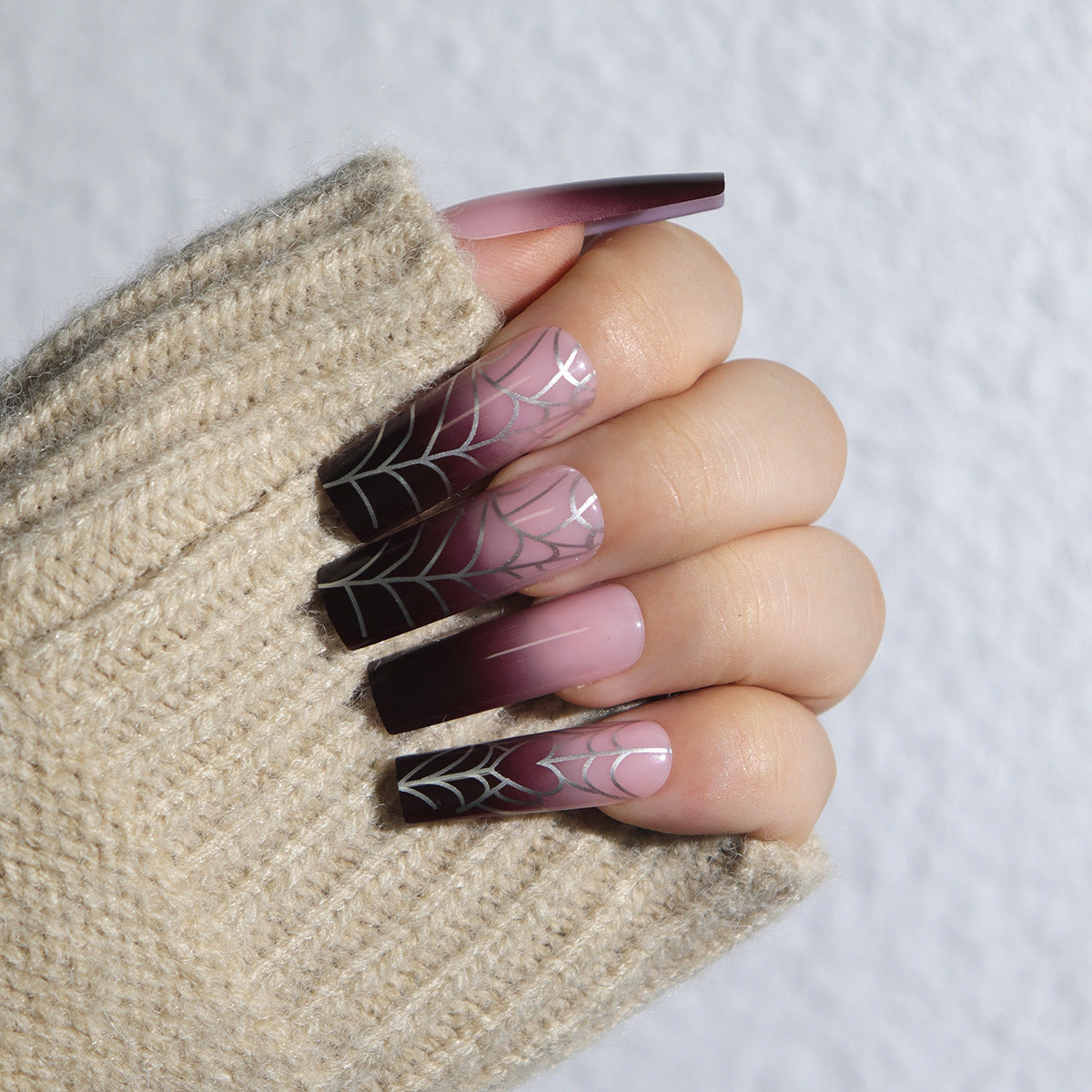 Mystical Elegance Long Square Ombré Pink with Spiderweb Design Press On Nail Set